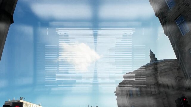 Metaverse smart technology city. Digital futuristic data skyscrapers on technological blue background. Business, science, internet concept
