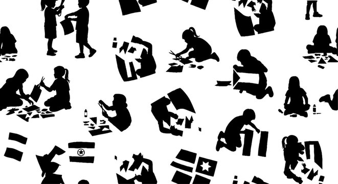 Silhouetted Figures Assembling Giant Flag Puzzle Artwork.
