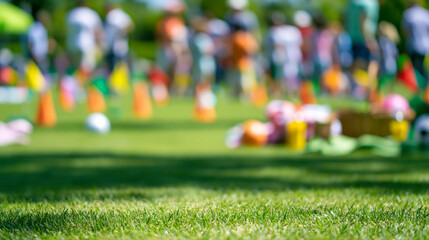 Low angle green grass foreground with blurred family sports day in sunny park for outdoor event background use