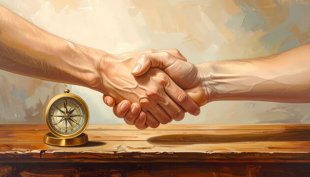 Digital Oil Painting of Business Handshake with Compass on Wooden Table
