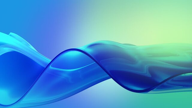 3D render animation of close up glass waves on mint green and blue background. Abstract eco technology fluid surface shifting in slow motion with clean light refractions