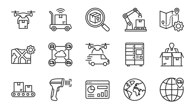 Modern logistics and delivery icons for supply chain management.