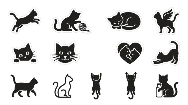 Black Silhouette Cats Various Playful Poses.