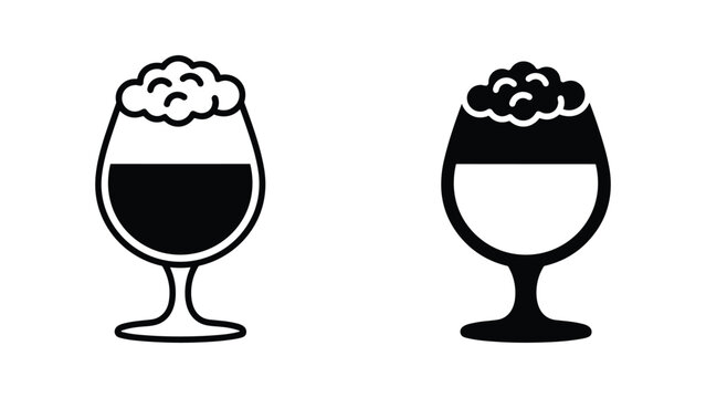 Snifter beer glass with foam head icon set in linear and solid black glyph styles for craft beers