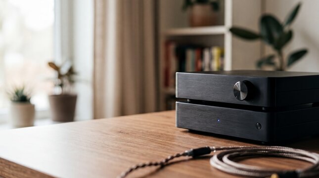 High-Fidelity DAC and Network Audio Streamer on a Minimalist Desk for Premium Home Audio Advertising