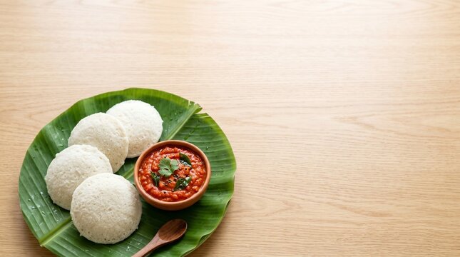 South indian breakfast dish idli served with spicy tomato chutney on a banana leaf