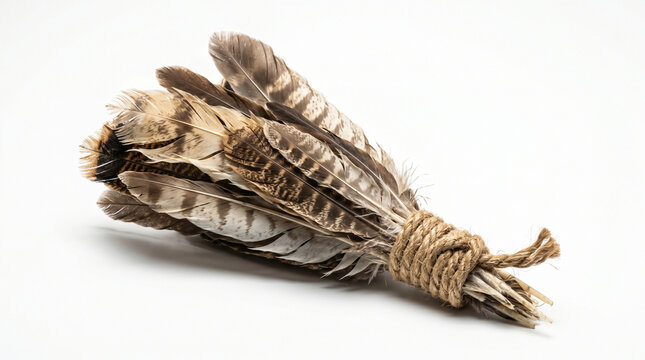 Natural Bird Feather Bundle Tied with Jute Rope on White Background