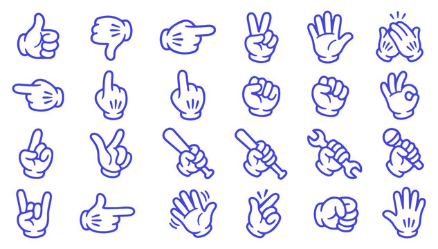 Collection of blue line art hand gestures and symbols representing various actions and positive communication concepts