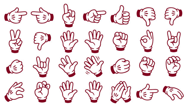 Collection of cartoon hands making various gestures on a white background ideal for playful designs and illustrations