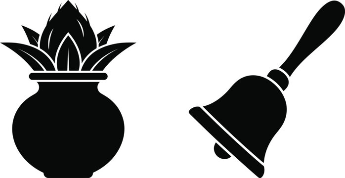 Kalash Pot and Hand Bell Religious Icons with a Simple, Solid Black Silhouette Style