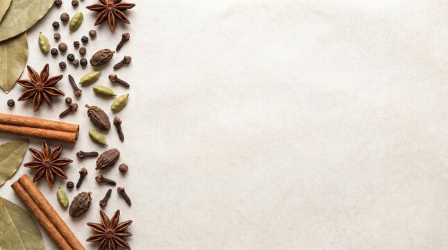 Assorted aromatic spices including star anise, cinnamon sticks, cardamom pods, cloves, and bay leaves arranged on a textured light background