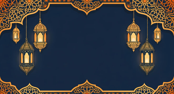 Islamic decorative background with hanging lanterns and ornate pattern