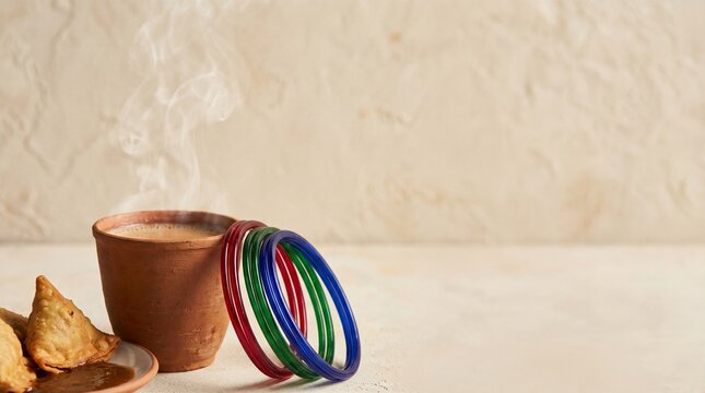 Steaming cup of masala chai in a clay kulhad with traditional indian bangles and crispy samosas on a rustic textured background