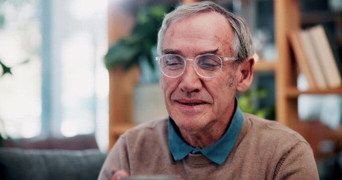 Coffee, thinking and house with senior man for vision, calm morning and peace in living room. Serious, elderly person and thoughts on sofa with herbal beverage, remember memory and reflection in home