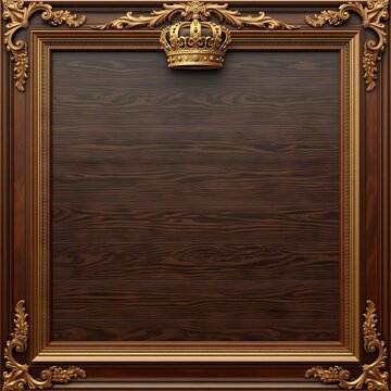 Ornate gilded frame topped with a golden crown over dark wooden background panel