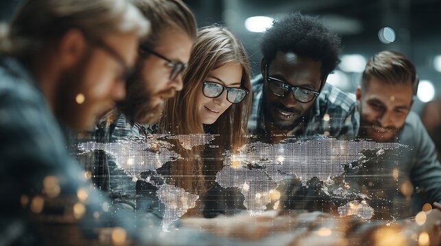 Diverse professional team analyzing a glowing digital holographic world map for global business connectivity and big data visualization concepts