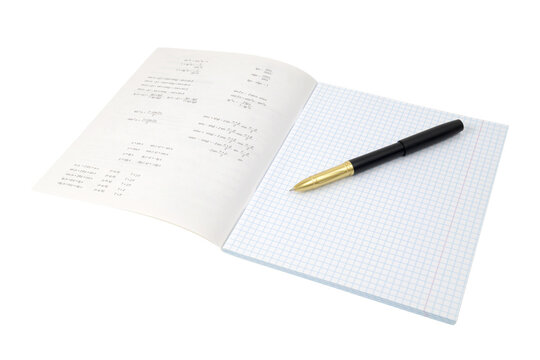 open notebook in mathematics with trigonometric functions and a black pen on the sheet