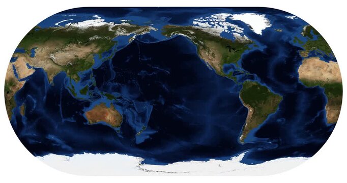 World Map in Eckert III Projection. High-detail physical animation of Earth. Longitude shift rotation view. June View. Elements of this video furnished by NASA.