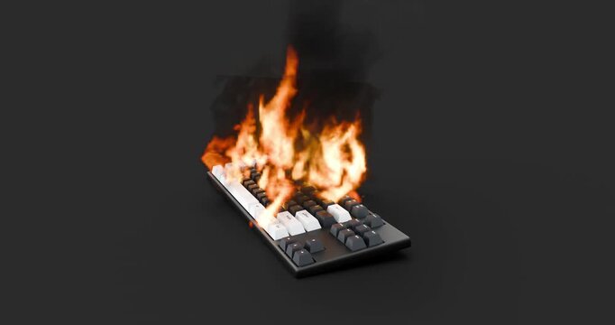 Mechanical PC Keyboard Burning with Fire and Smoke on Dark Background