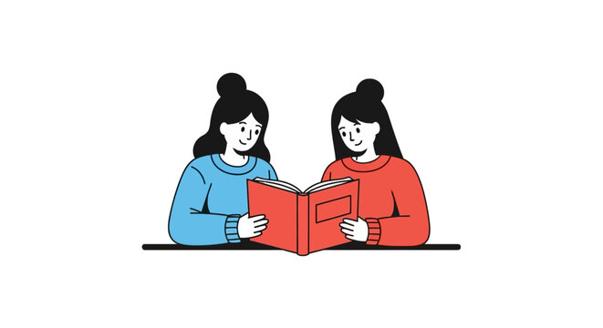 Two women reading a book together.