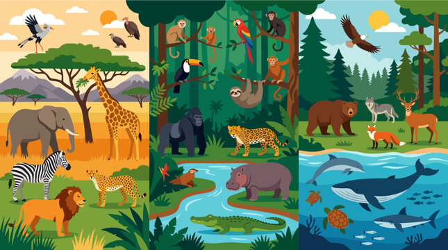 Variety of animals in their habitats.