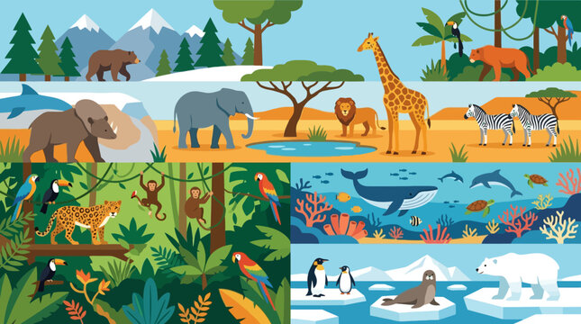 Various animals in their habitats.