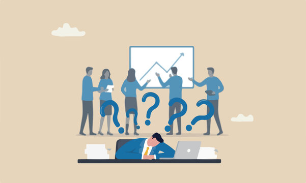 Quiet quitting pillars teams together boredom, exhaustion or burn out from hard work without recognition concept, unhappy businessman sleeping while working at busy workplace
