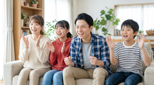 リビングのソファで動画や映画を見ておうち時間を楽しむ仲良し家族