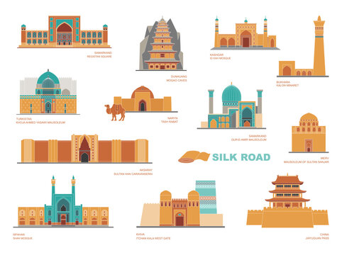 Flat vector collection featuring iconic architectural landmarks across Asia. Historic monuments, mosques, caravanserais, fortresses, and cultural heritage sites illustrated in a clean geometric style 