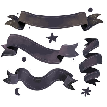 Set of Black Watercolor Ribbon Banners &mdash; Hand-Painted Scroll, Bookmark and Curved Label Collection for Vintage, Luxury and Decorative Design Projects