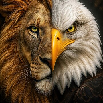 A detailed artistic fusion showing half a lion and half a bald eagle side-by-side