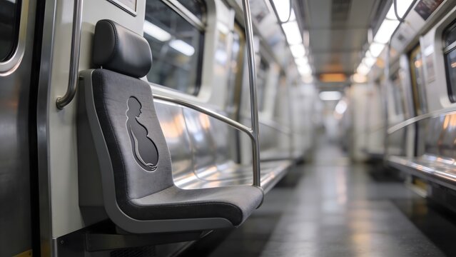 Modern empty subway carriage featuring a priority seat for pregnant women with a clear icon, representing inclusive urban transit and public transportation accessibility concepts