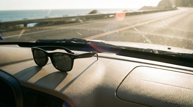 Black sunglasses on car dashboard with scenic coastal road and ocean view in background during golden hour road trip