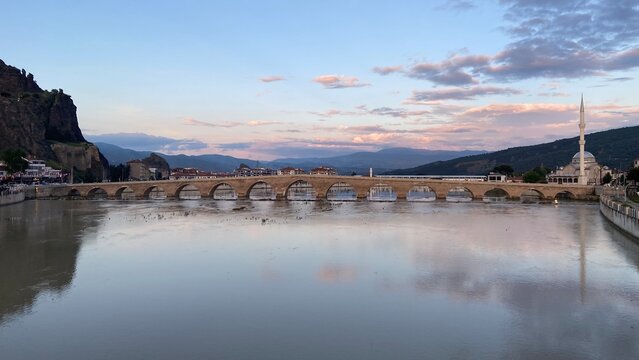 Historic Koyunbaba Bridge spanning the Kızılırmak River in Osmancık, &Ccedil;orum, T&uuml;rkiye. This magnificent 15th-century Ottoman stone arch bridge, built during the reign of Sultan Bayezid II, stands as one