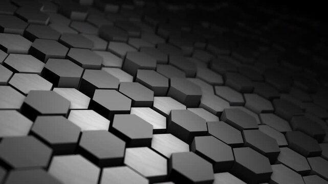 Dark hexagonal 3D tiles in 4K 60fps loop, monochrome tech surface with depth perspective, modular pattern, and clean futuristic motion. Premium tech visual.