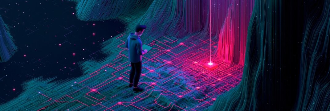 Isometric 3D render of a cyber defense analyst isolating a glowing malicious payload node in a complex detection graph set against a neon teal and magentalit dark network backdrop