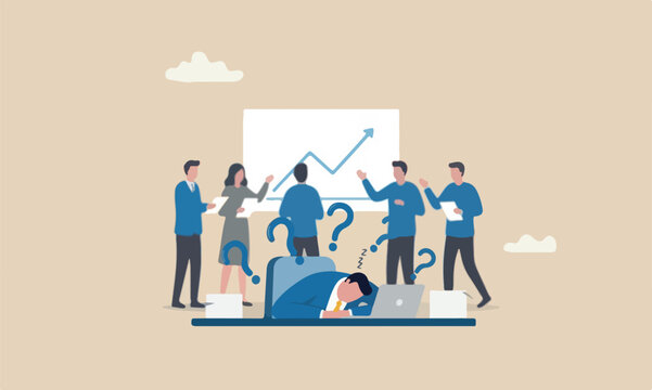 Quiet quitting together, exhaustion or burn out from hard work without recognition concept, unhappy businessman sleeping while working at busy workplace