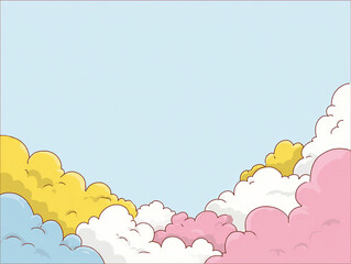 Fototapeta premium A collection of cute, minimalist pastel cartoon backgrounds featuring flat vector cloud borders in soft pink, blue, and yellow with ample white space for text.