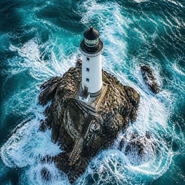A picturesque lighthouse structure situated on a rugged stone islet engulfed by dramatic crashing ocean currents