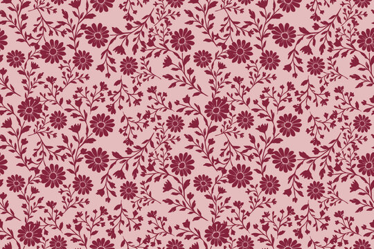 Delicate seamless floral pattern with elegant burgundy daisies and leafy vines on a soft blush background, perfect for fabric, wallpaper, and decor.