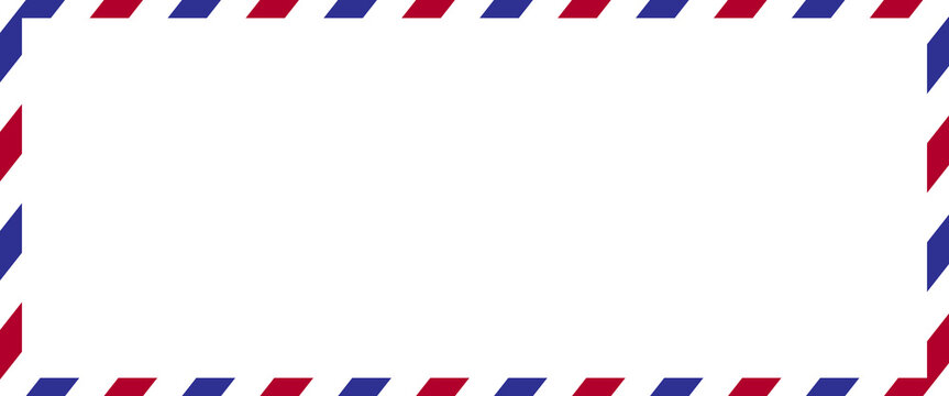 Airmail envelope frame with blue and red stripes on white background. International vintage letter border. Retro air mail postcard. Blank envelope.