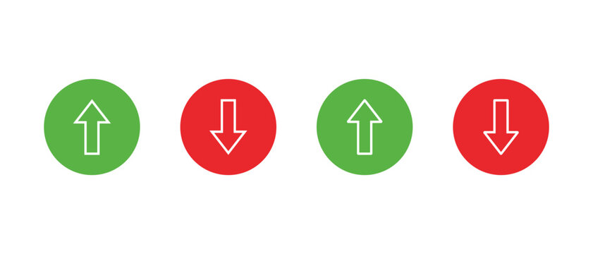 Up and down arrow outline icon in green and red circle. Upward and downward symbol. Vertical arrows direction sign