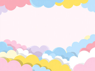 Fototapeta premium A collection of cute, minimalist pastel cartoon backgrounds featuring flat vector cloud borders in soft pink, blue, and yellow with ample white space for text.