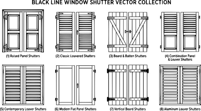 Black line window shutter vector collection, traditional wooden and modern exterior shutter designs isolated on white background, architectural illustration