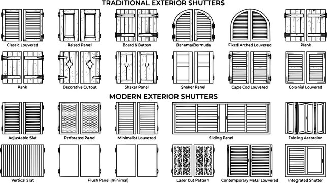Black line window shutter vector collection, traditional wooden and modern exterior shutter designs isolated on white background, architectural illustration