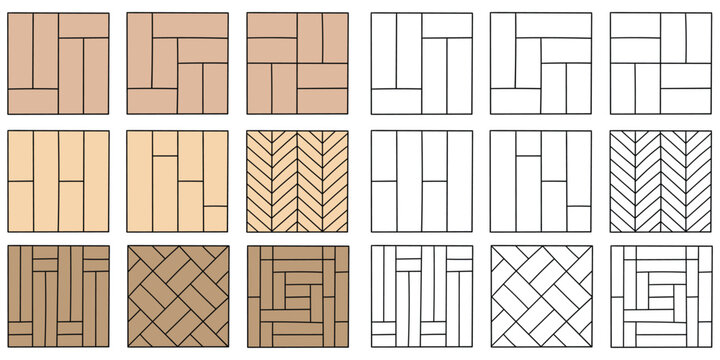 Hand-drawn cartoon and doodle set of parquet flooring planks on a white background.