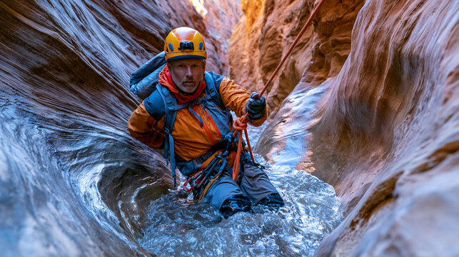 Canyoneer rappelling a flooded slot canyon narrows, rope threading through a natural constriction in the sandstone walls, ankle-deep water below, ancient water polish on the curved walls catching di
