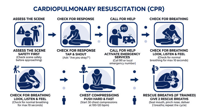 Cardiopulmonary Resuscitation (CPR) Steps Diagram: Assess, Respond, Call, Breaths