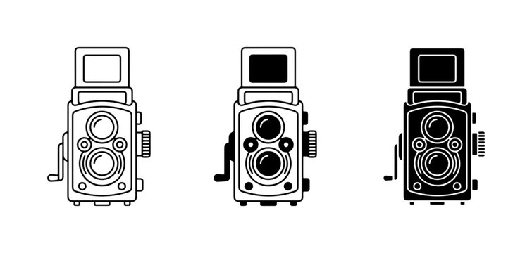 Vintage Twin Lens Reflex Camera Icons, Retro Photography Equipment Vector Set