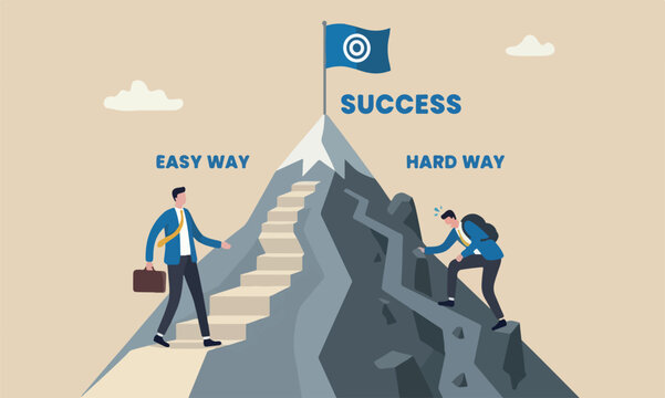 success accomplish path succeed, way to reach business goal concept, businessmen compete easy and hard way to climb mountain